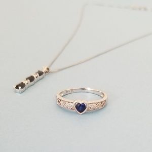 Sapphire Necklace & Heart Ring w/Diamond Accents